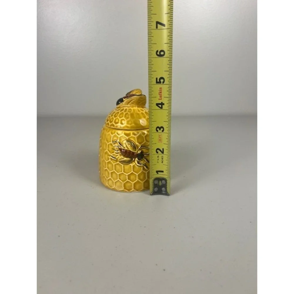 Vintage Ceramic Honeycomb Bee Honey Pot with Notched Lid Yellow 4.5 inch
